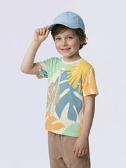 Boys White Tropical Print Cotton Regular Fit T-Shirt