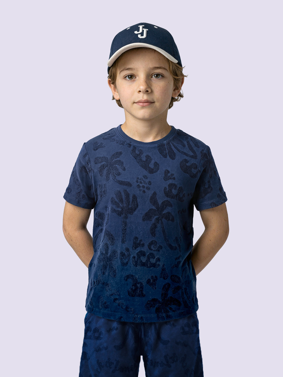 Boys Blue Tropical Jacquard Cotton Regular Fit T-Shirt