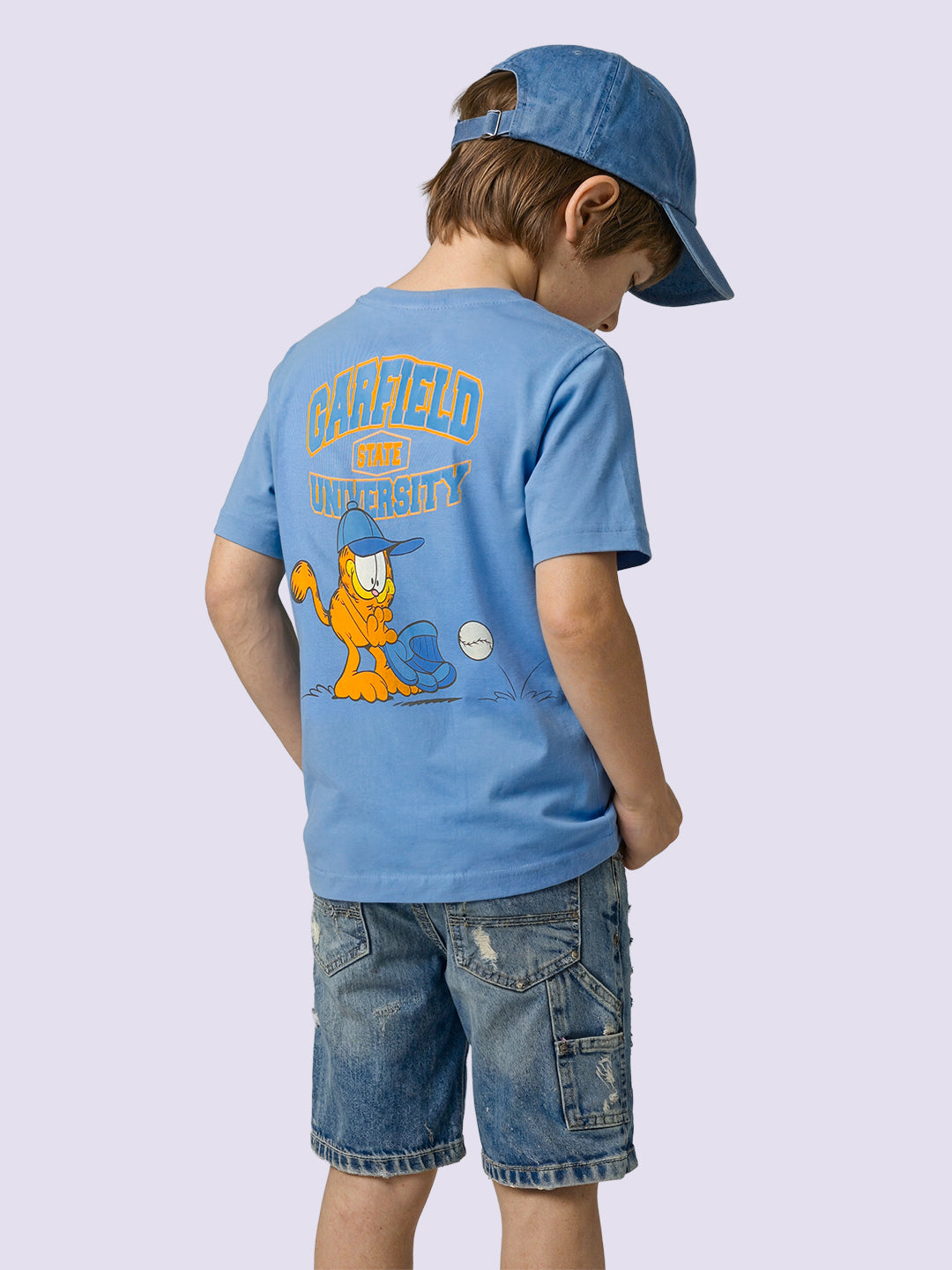 Boys Blue Garfield Print Cotton Oversized T-Shirt