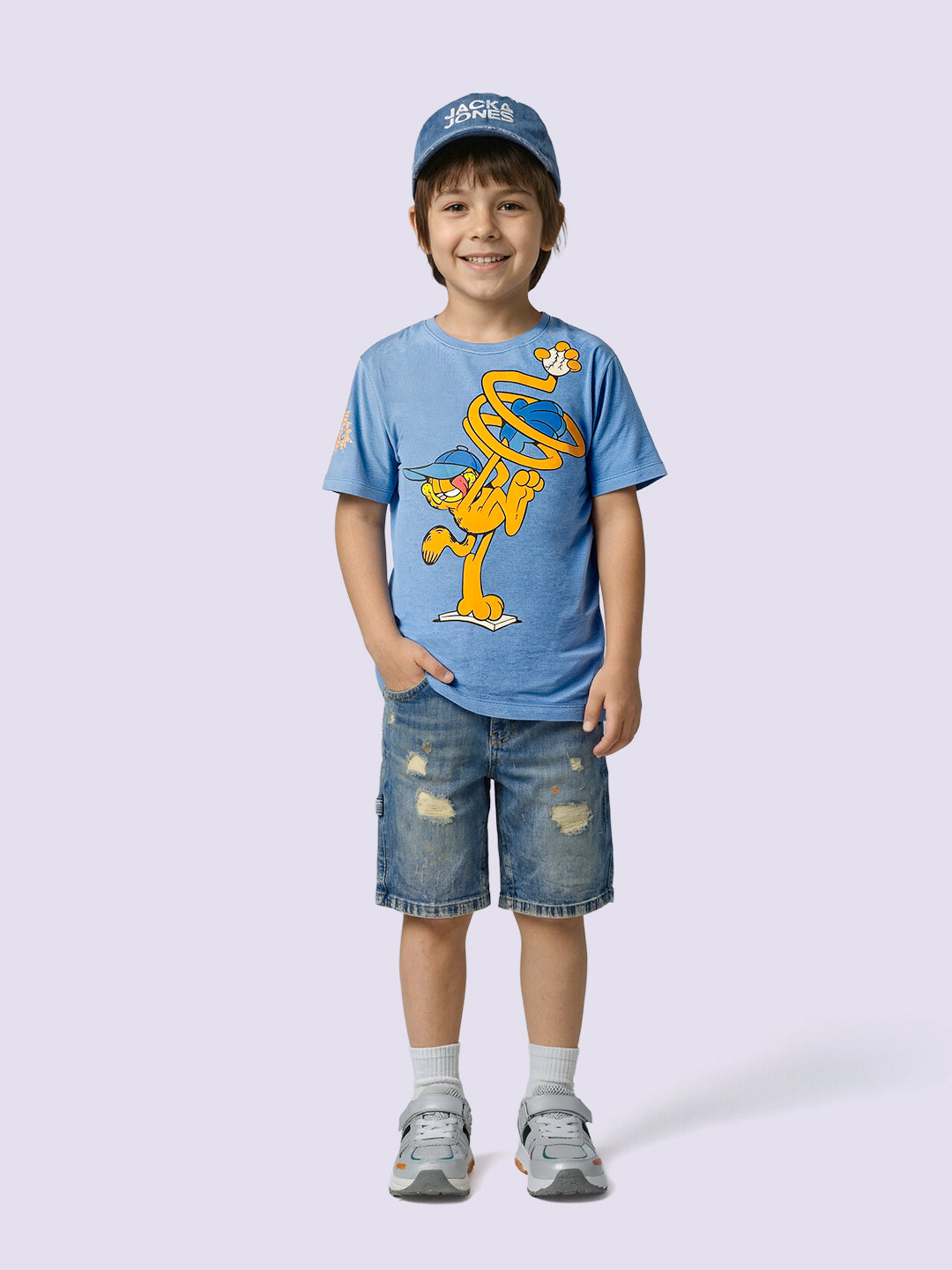 Boys Blue Garfield Print Cotton Oversized T-Shirt