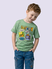 Boys Green Garfield Print Cotton Oversized T-Shirt