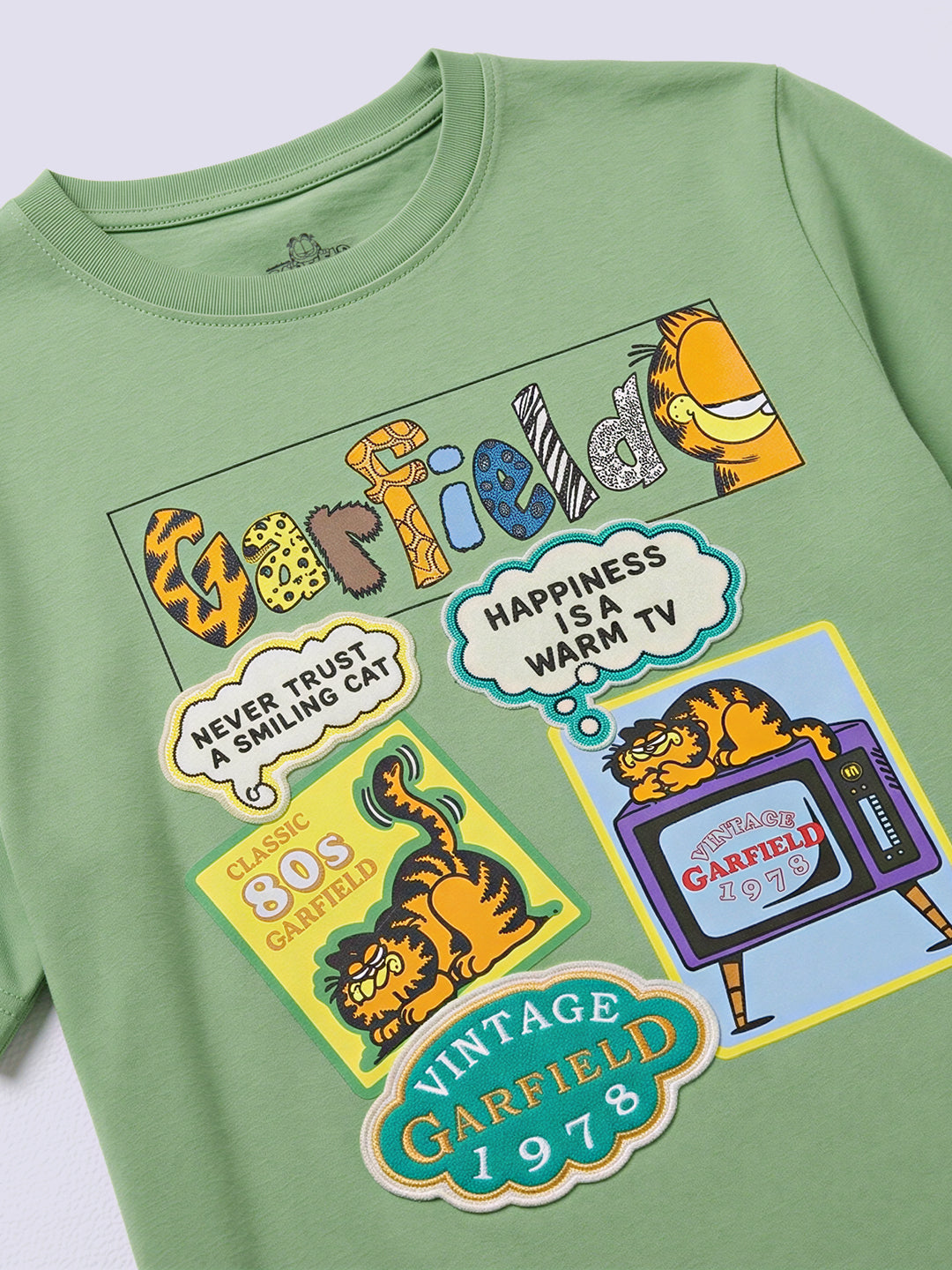 Boys Green Garfield Print Cotton Oversized T-Shirt