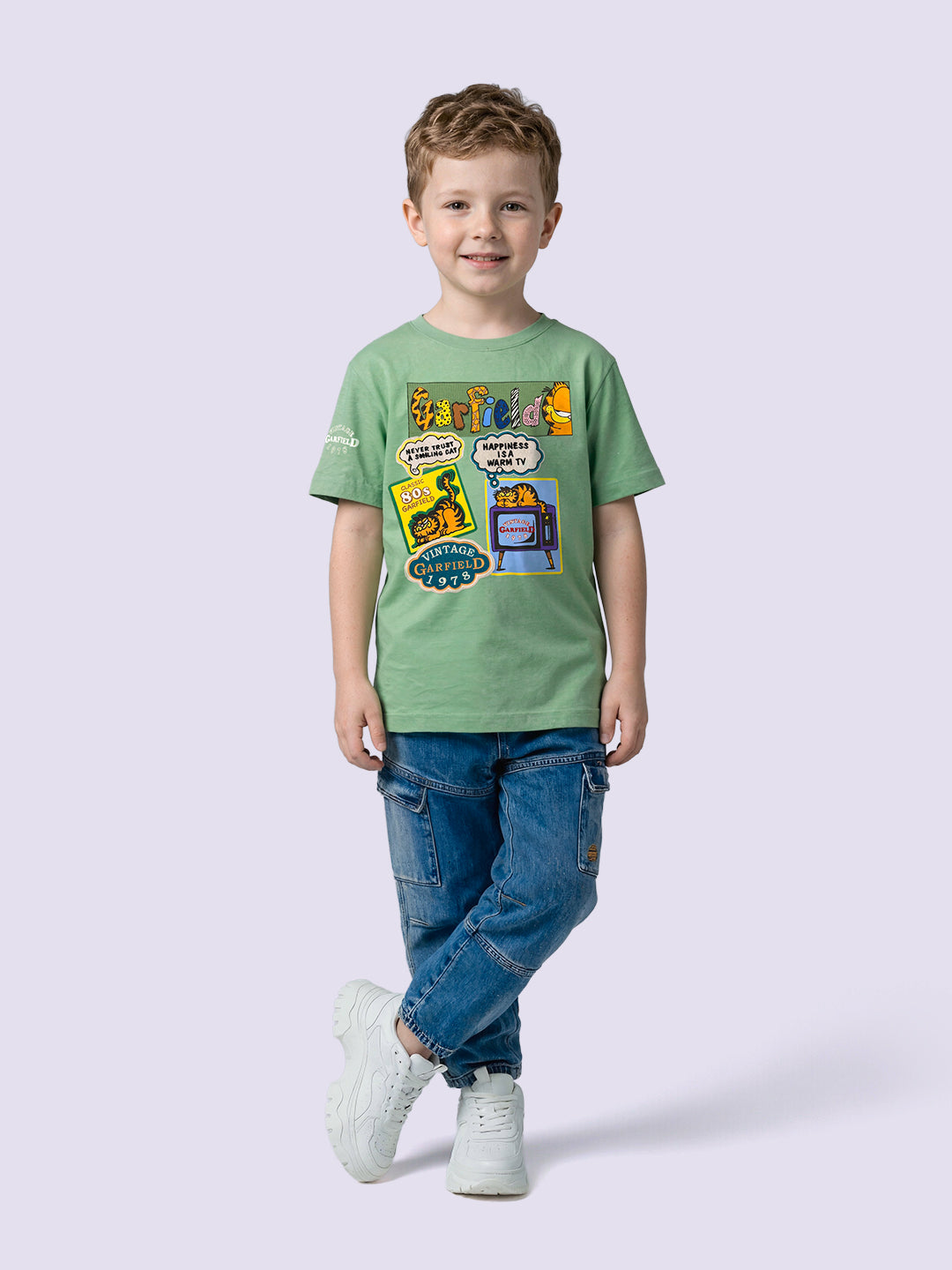 Boys Green Garfield Print Cotton Oversized T-Shirt