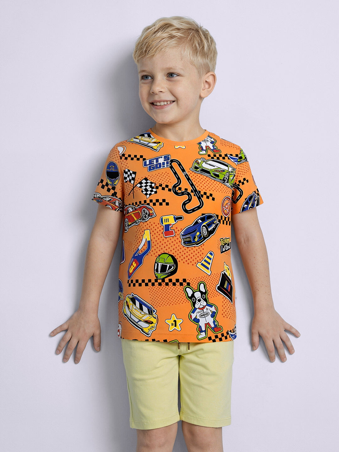 Boys Orange Printed Cotton Crew Neck T-Shirt