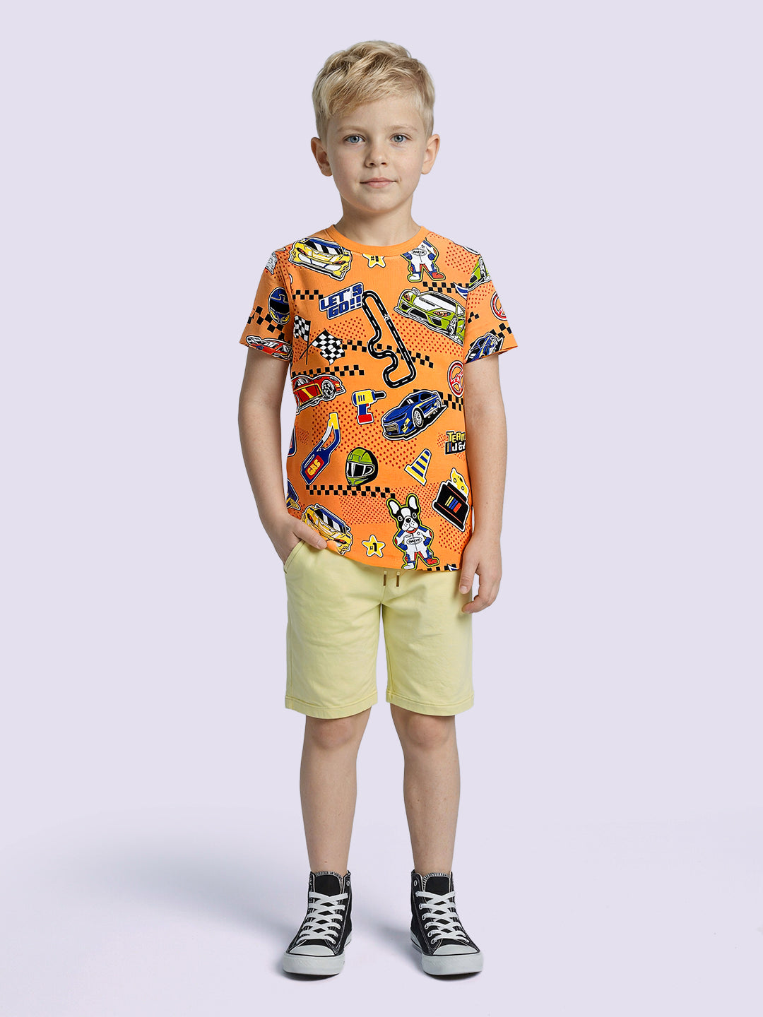 Boys Orange Printed Cotton Crew Neck T-Shirt
