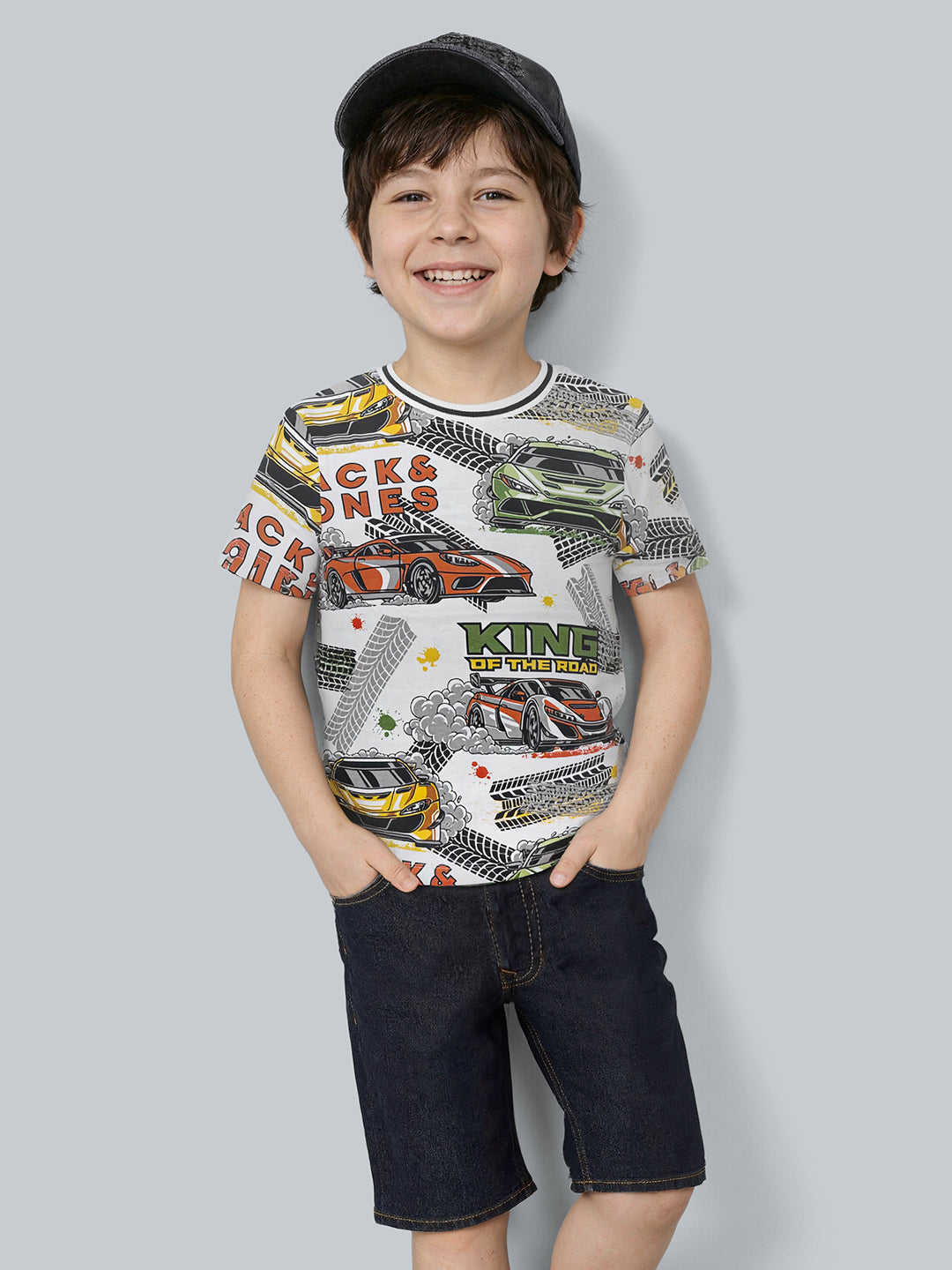 Boys Cotton Car Print Crew Neck Regular T-Shirt