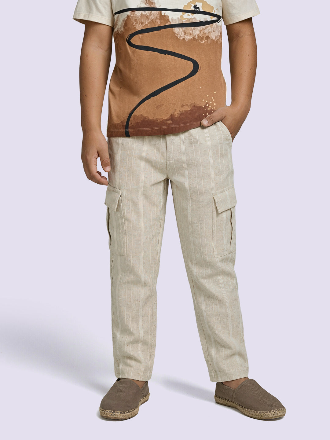 Boys Beige Striped Cotton Cargo Pants