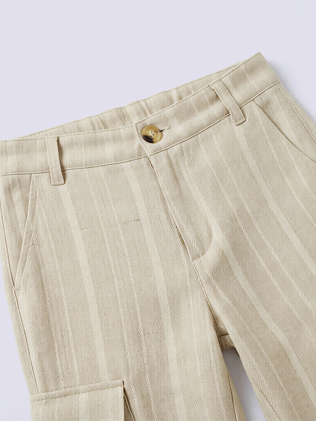 Boys Beige Striped Cotton Cargo Pants