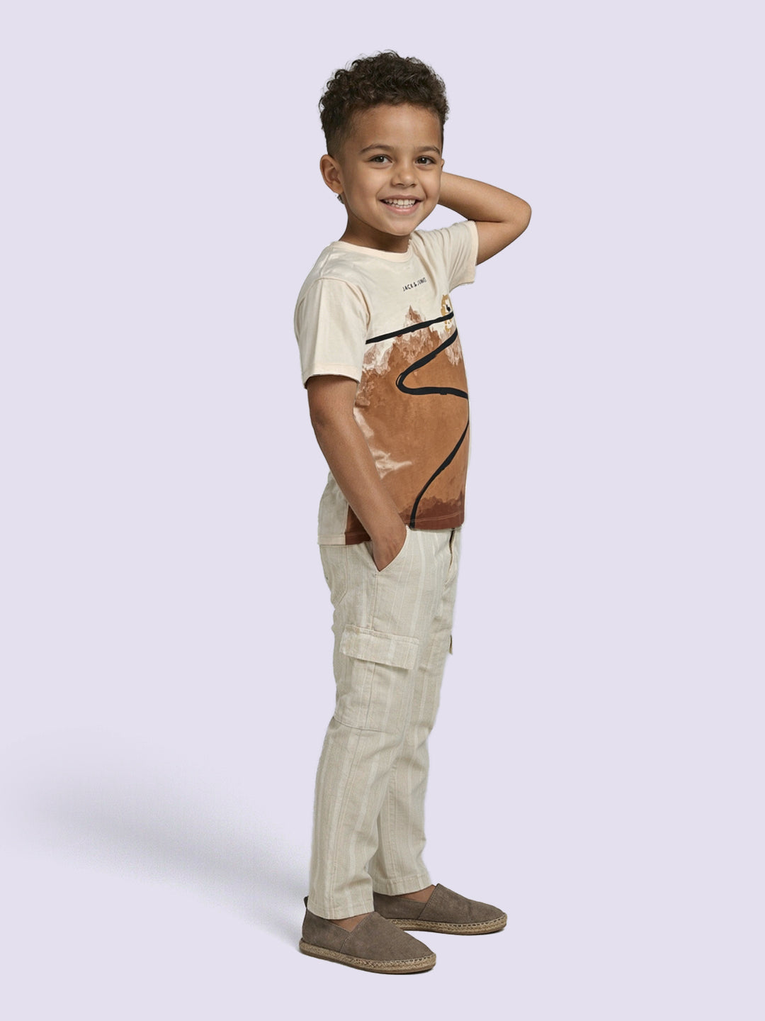 Boys Beige Striped Cotton Cargo Pants