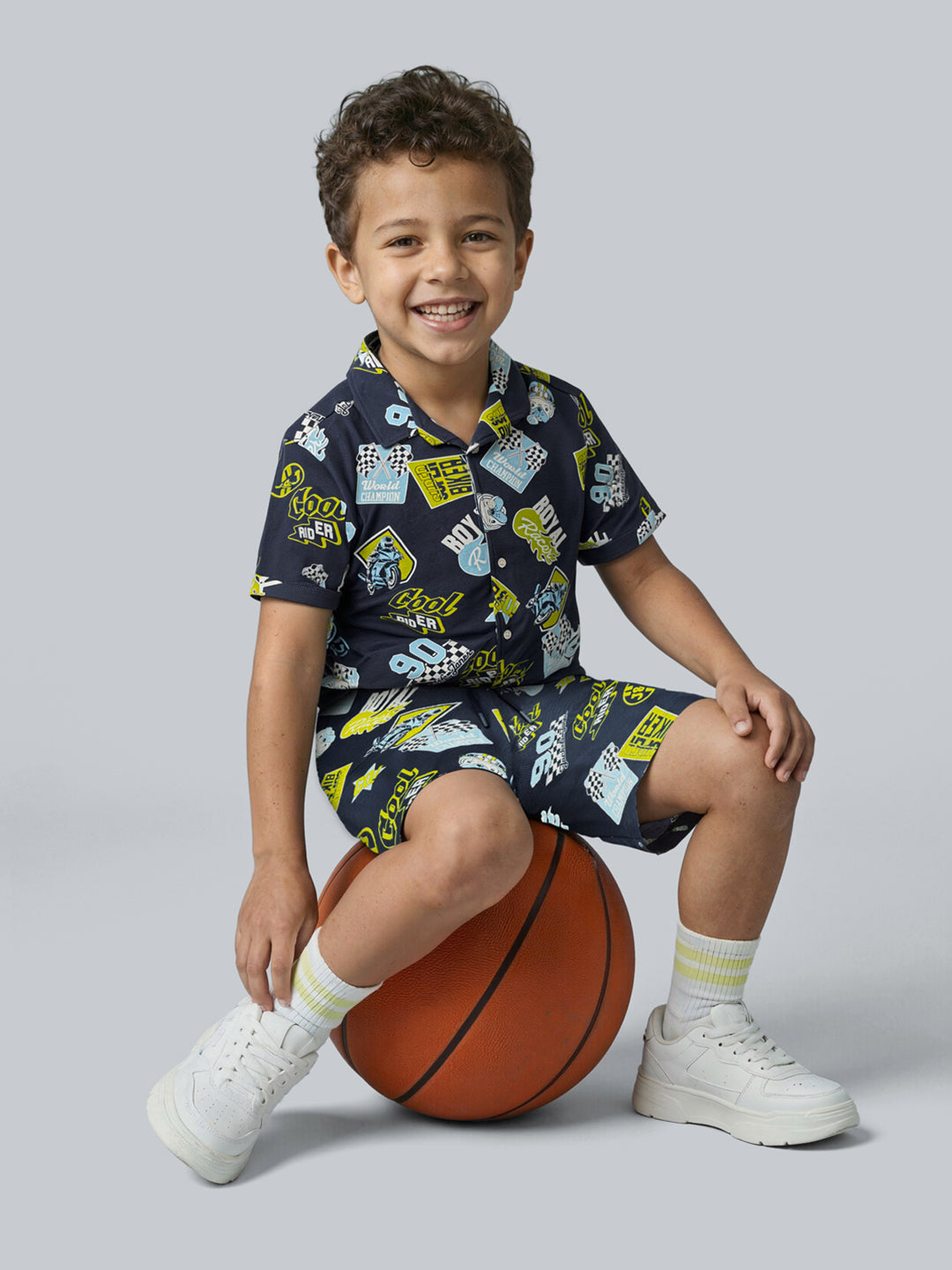 Boys Racing Print Cotton Casual Shorts with Drawstring