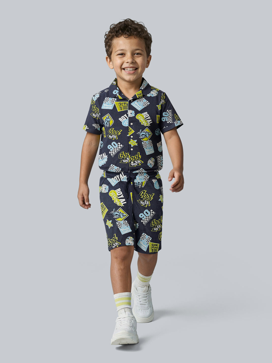 Boys Racing Print Cotton Casual Shorts with Drawstring