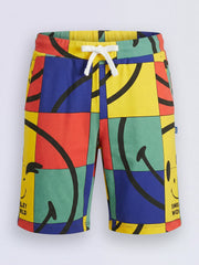Boys White Smiley Printed Oversized Cotton Shorts