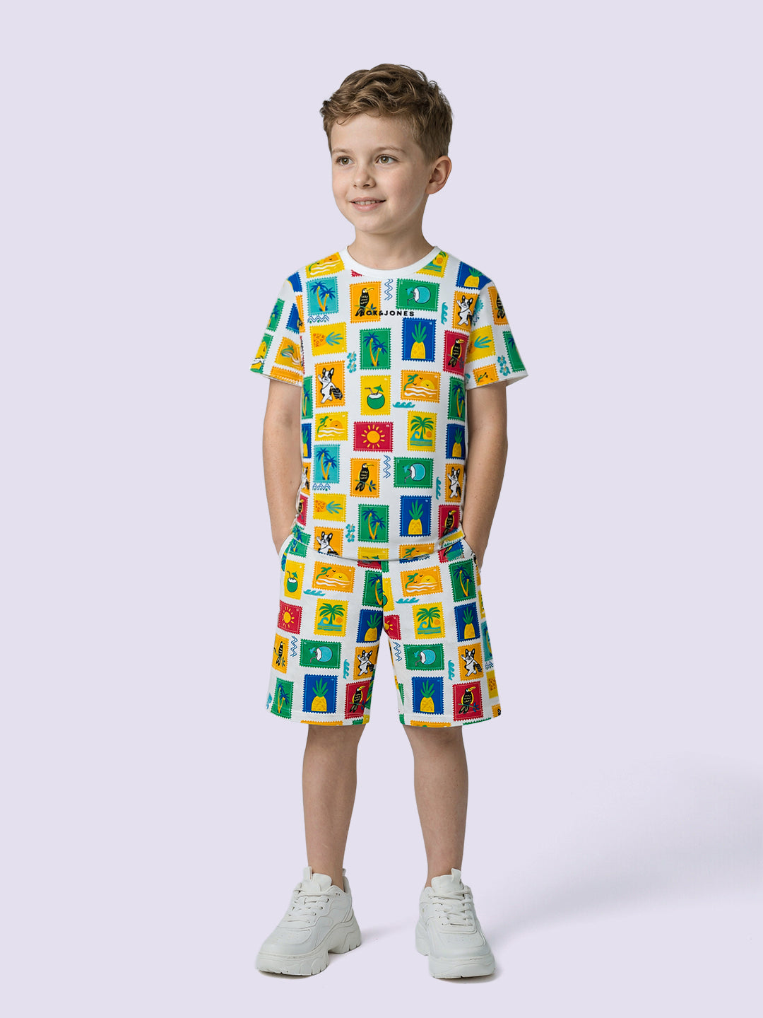 Boys White Multi-Colour Printed Cotton Regular Fit Shorts