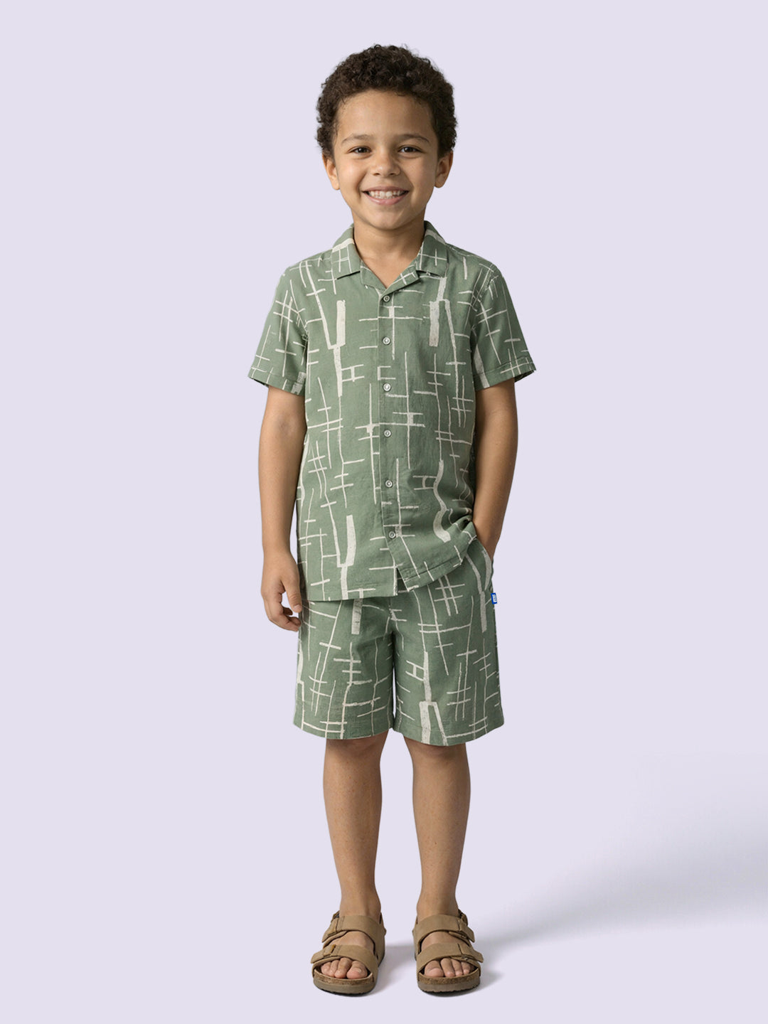 Boys Green Embroidered Cotton Casual Shorts