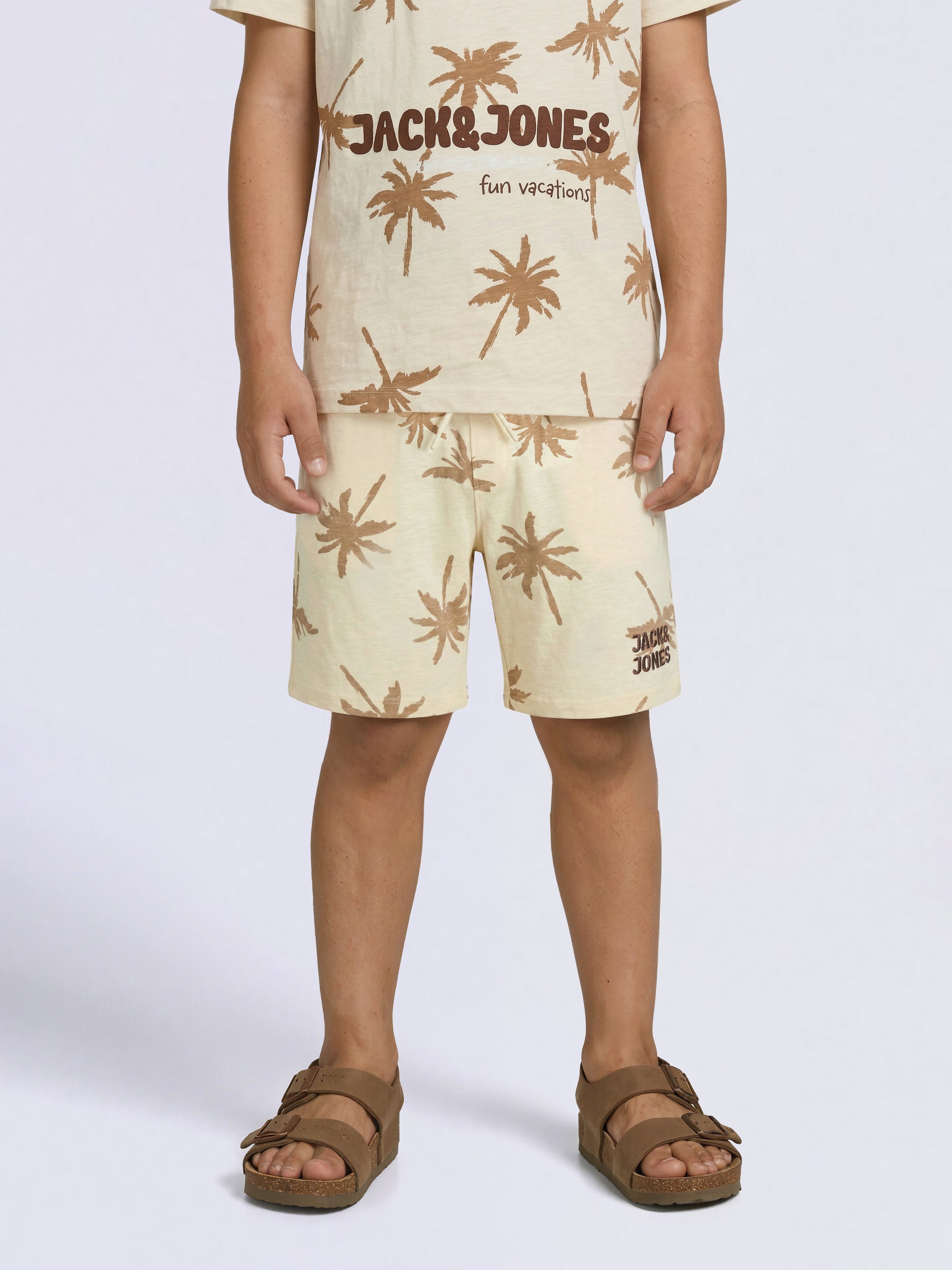 Boys Beige Palm Tree Printed Cotton Shorts