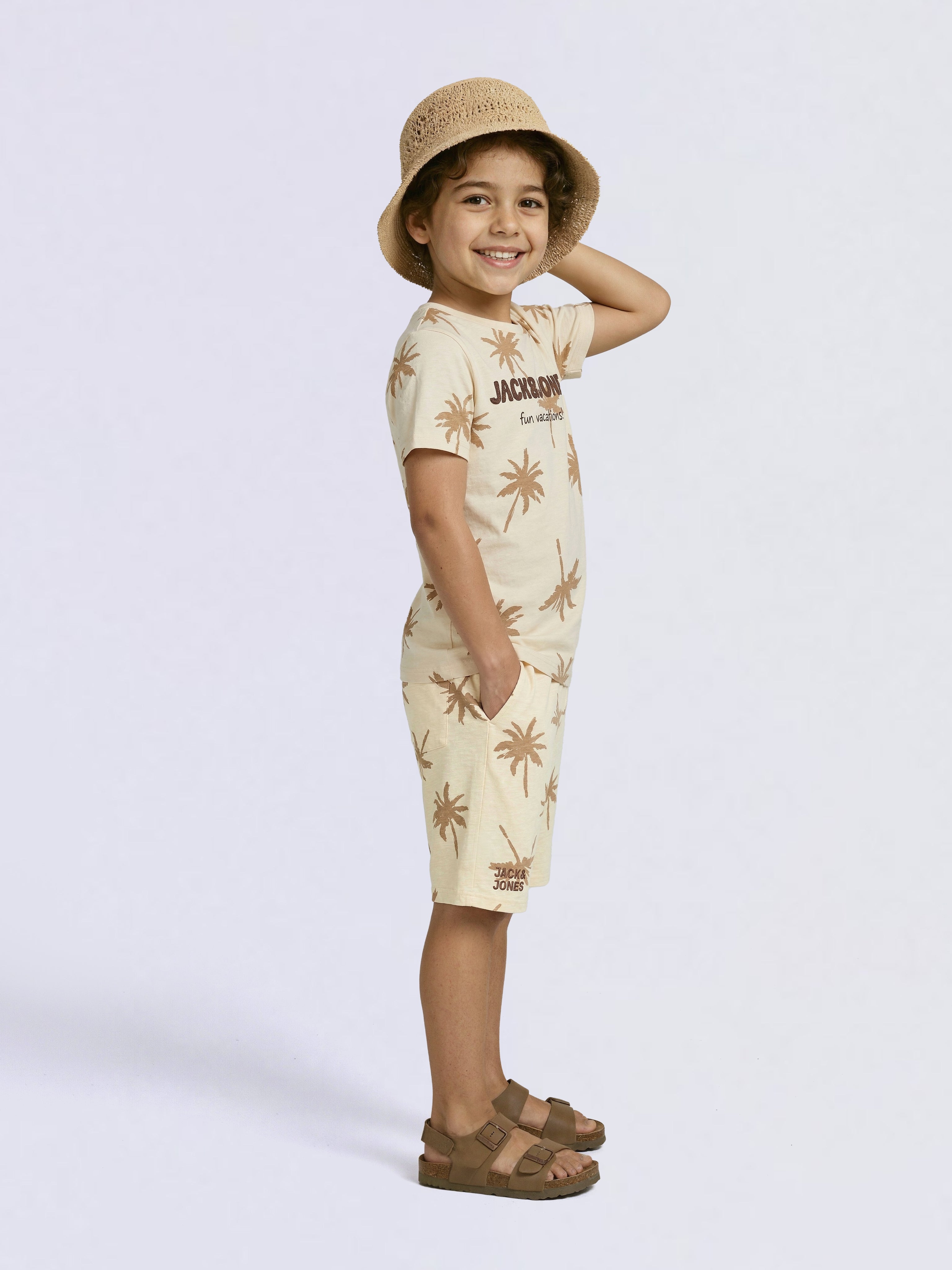 Boys Beige Palm Tree Printed Cotton Shorts