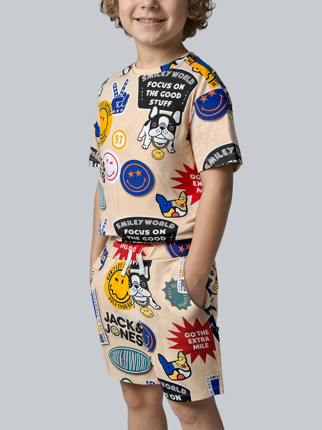 Boys Cotton Badge Print Drawstring Oversized Shorts