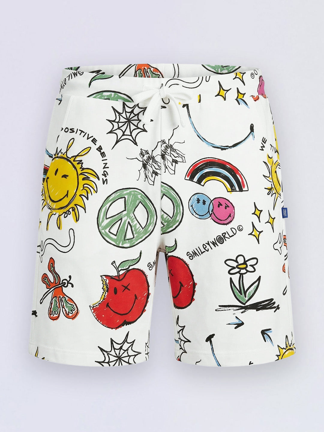 Boys White Smiley Print Oversized Cotton Shorts