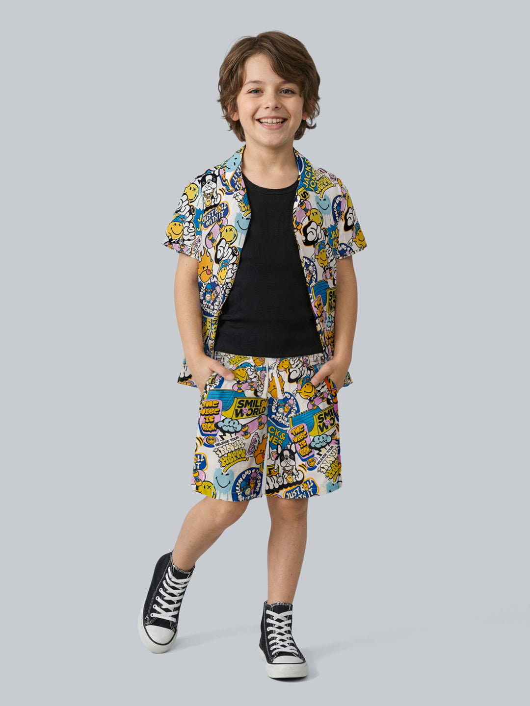 Boys Cotton Cartoon Print Drawstring Regular Shorts