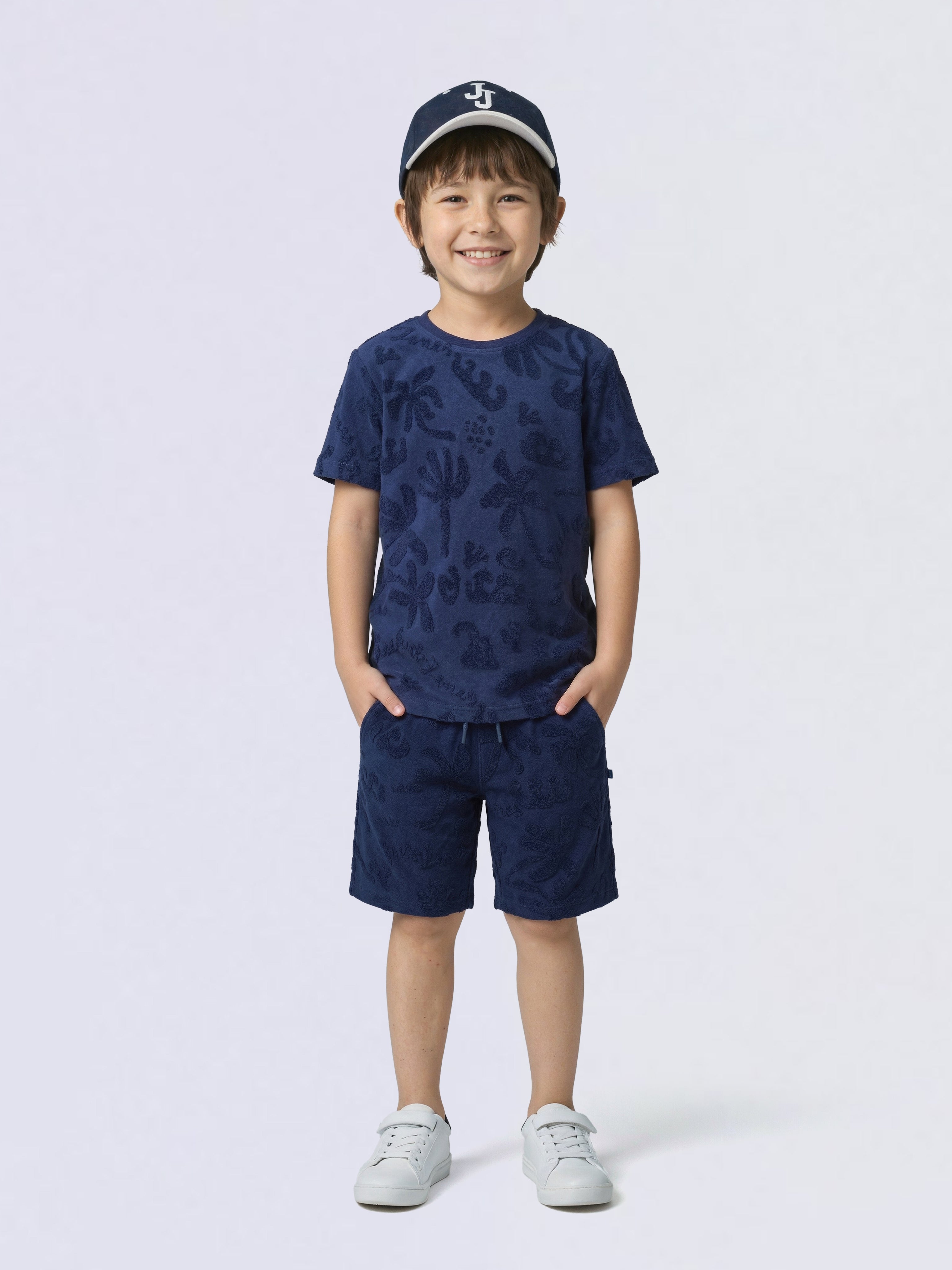 Boys Dark Blue Tropical Print Cotton Casual Shorts