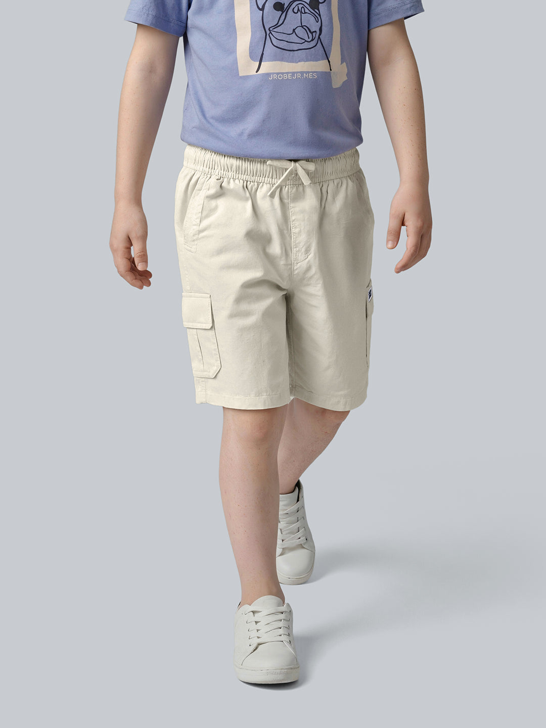 Boys Off White Cotton Cargo Shorts with 4 Pockets