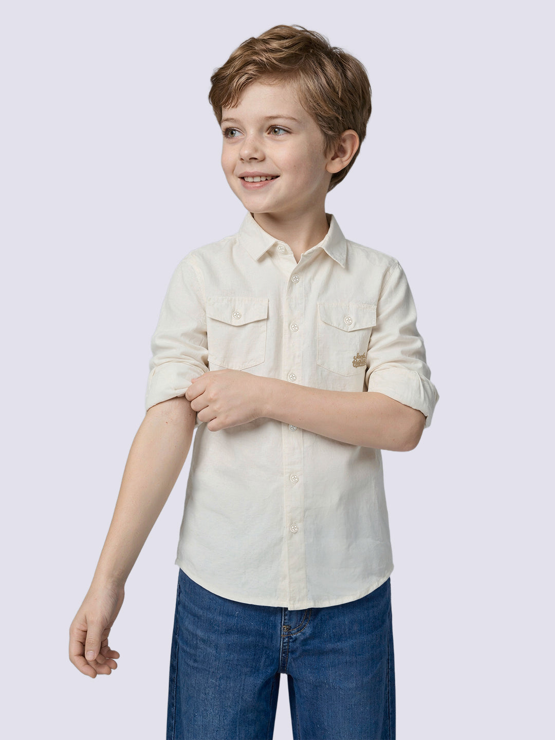 Boys Off White Linen Blend Regular Fit Casual Shirt