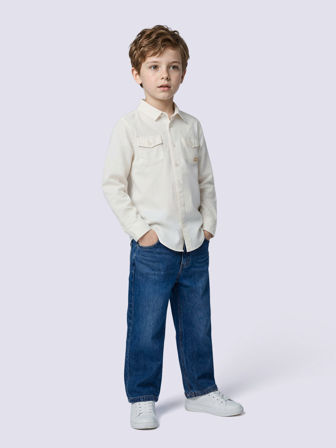 Boys Off White Linen Blend Regular Fit Casual Shirt