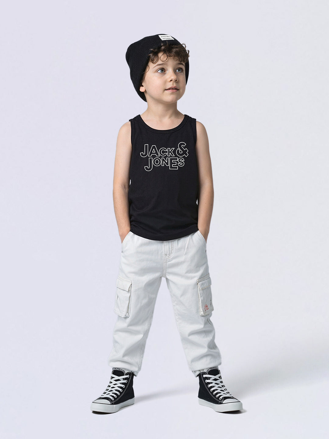 Boys Black Logo Print Sleeveless Cotton T-Shirt
