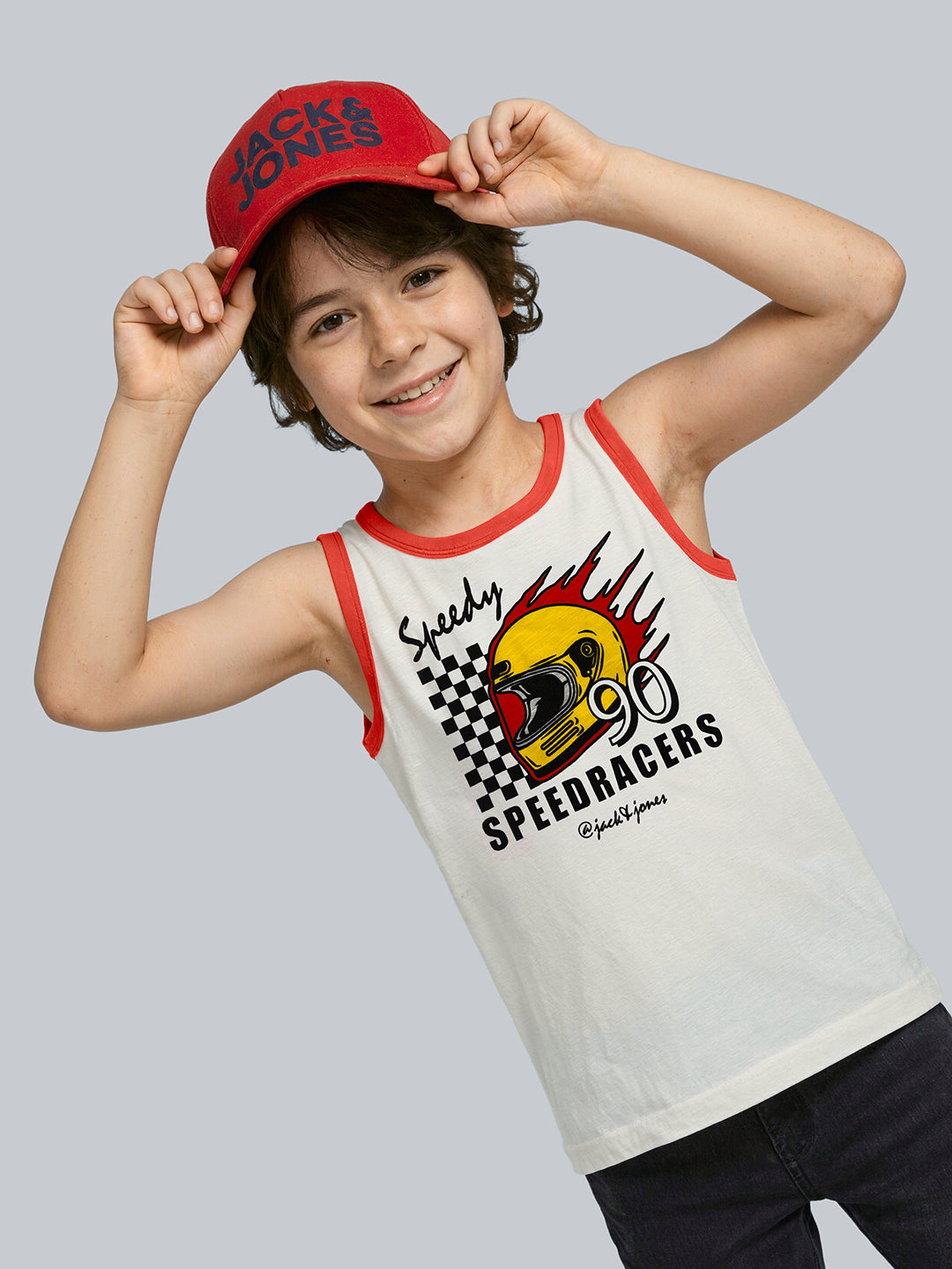 Boys White Racing Graphic Cotton Sleeveless Tank Top