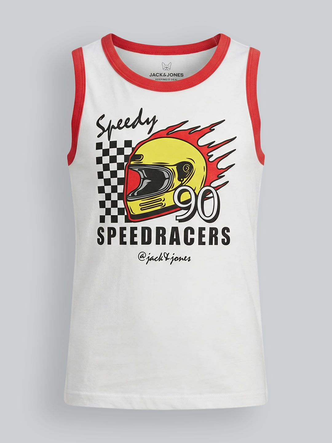 Boys White Racing Graphic Cotton Sleeveless Tank Top