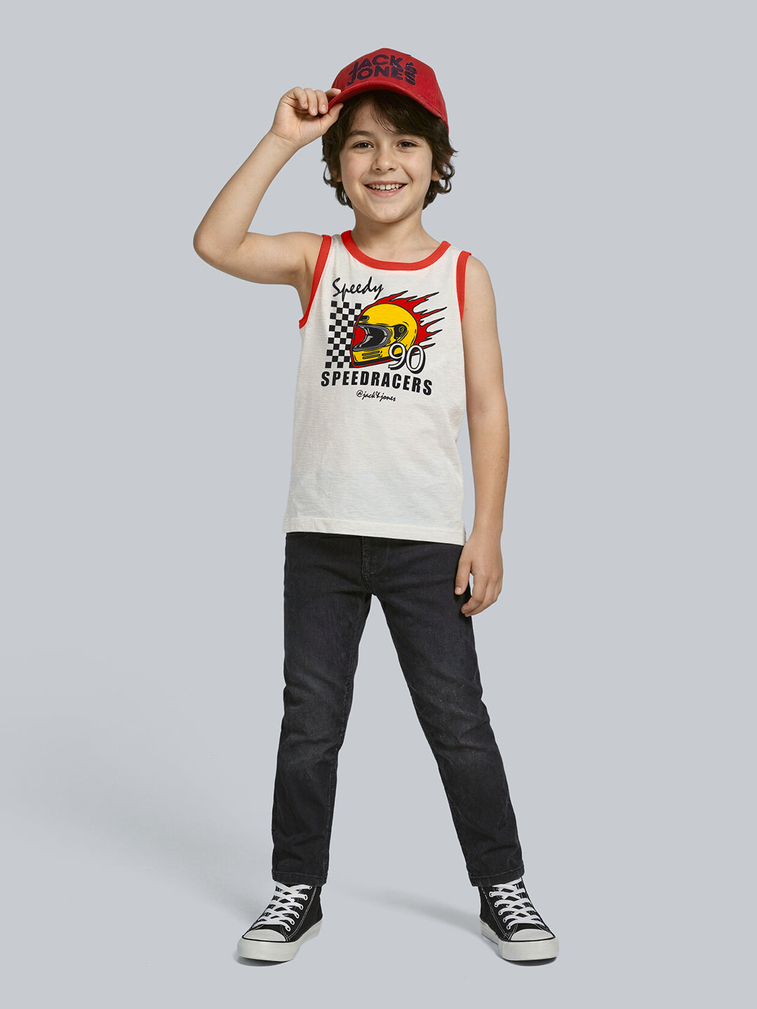Boys White Racing Graphic Cotton Sleeveless Tank Top