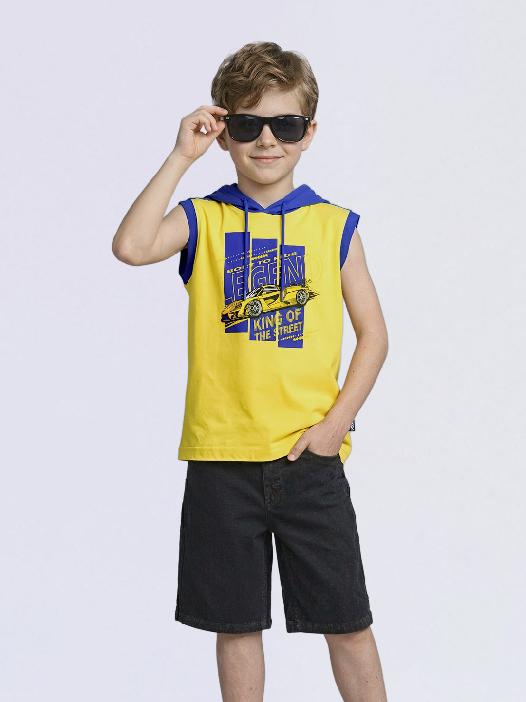 Boys Yellow Colourblocked Hooded Cotton Sleeveless T-Shirt