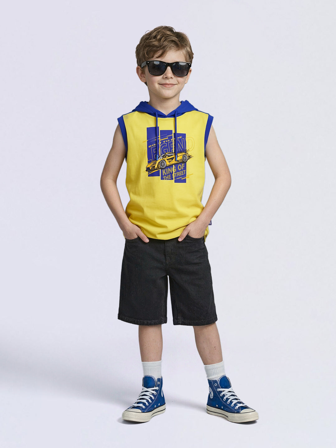 Boys Yellow Colourblocked Hooded Cotton Sleeveless T-Shirt