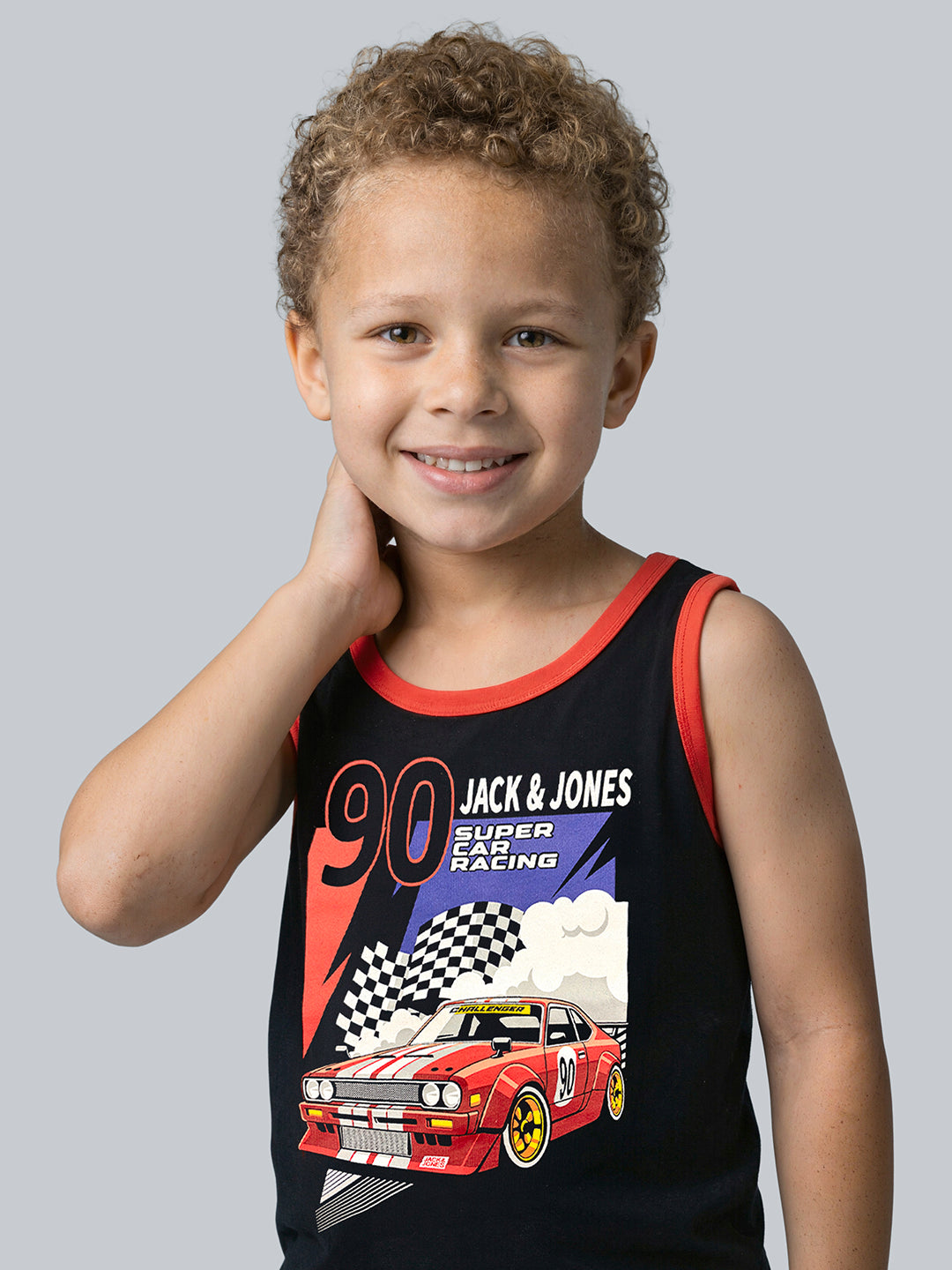 Boys Black Racing Graphic Cotton Sleeveless Tank Top
