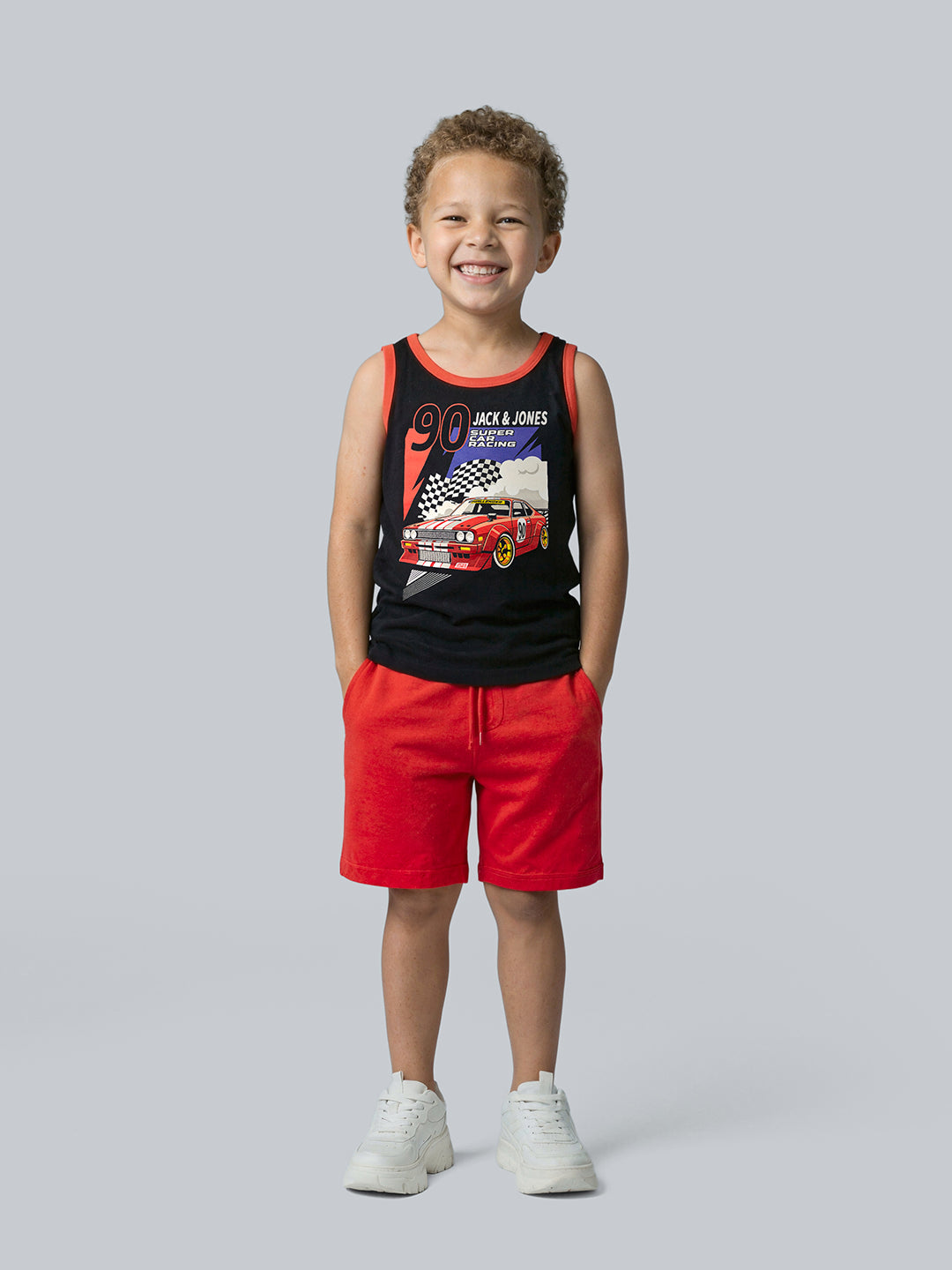 Boys Black Racing Graphic Cotton Sleeveless Tank Top