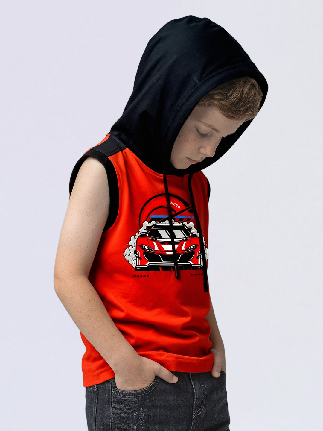 Boys Orange Printed Hooded Cotton Sleeveless T-Shirt