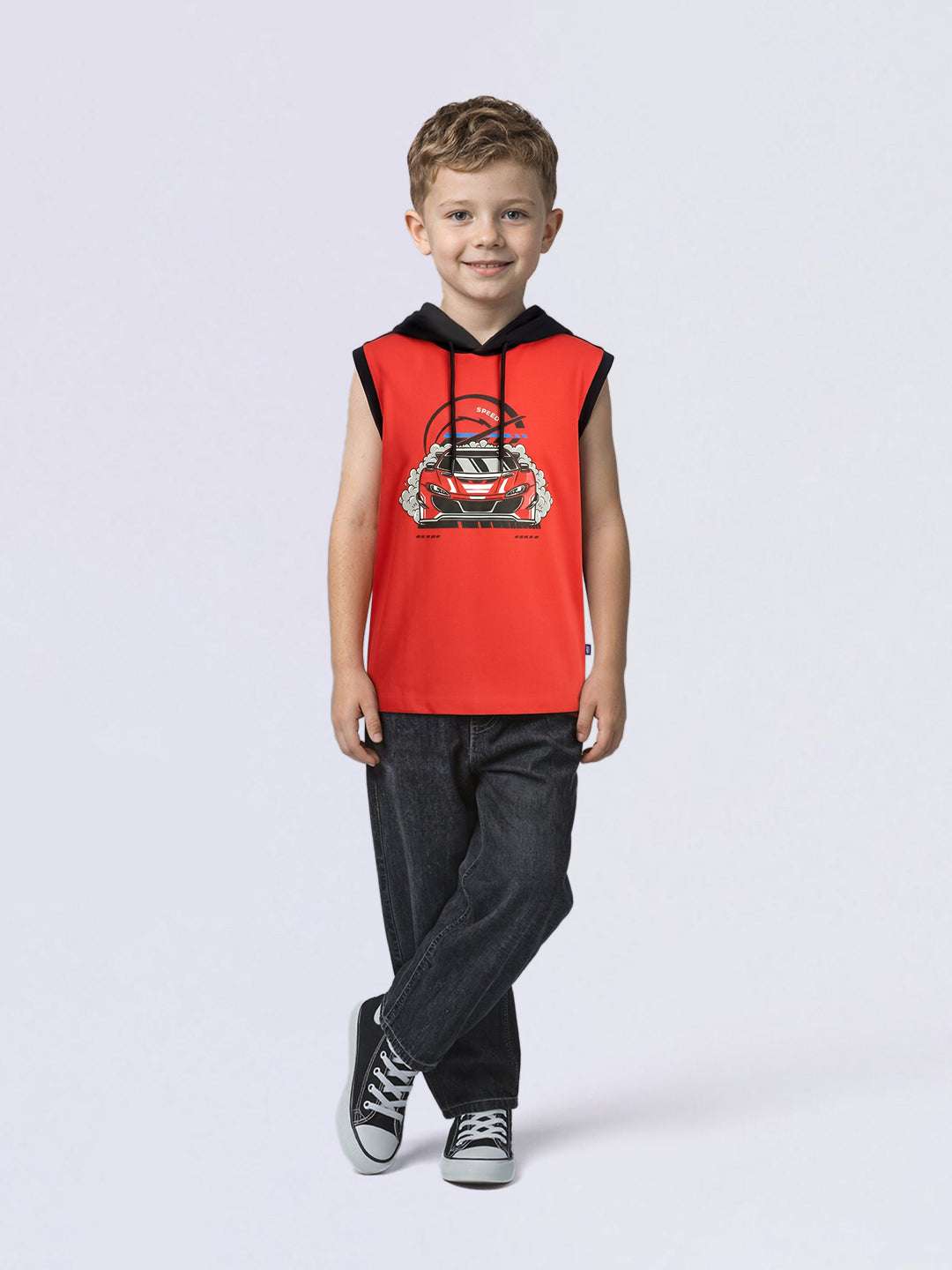 Boys Orange Printed Hooded Cotton Sleeveless T-Shirt