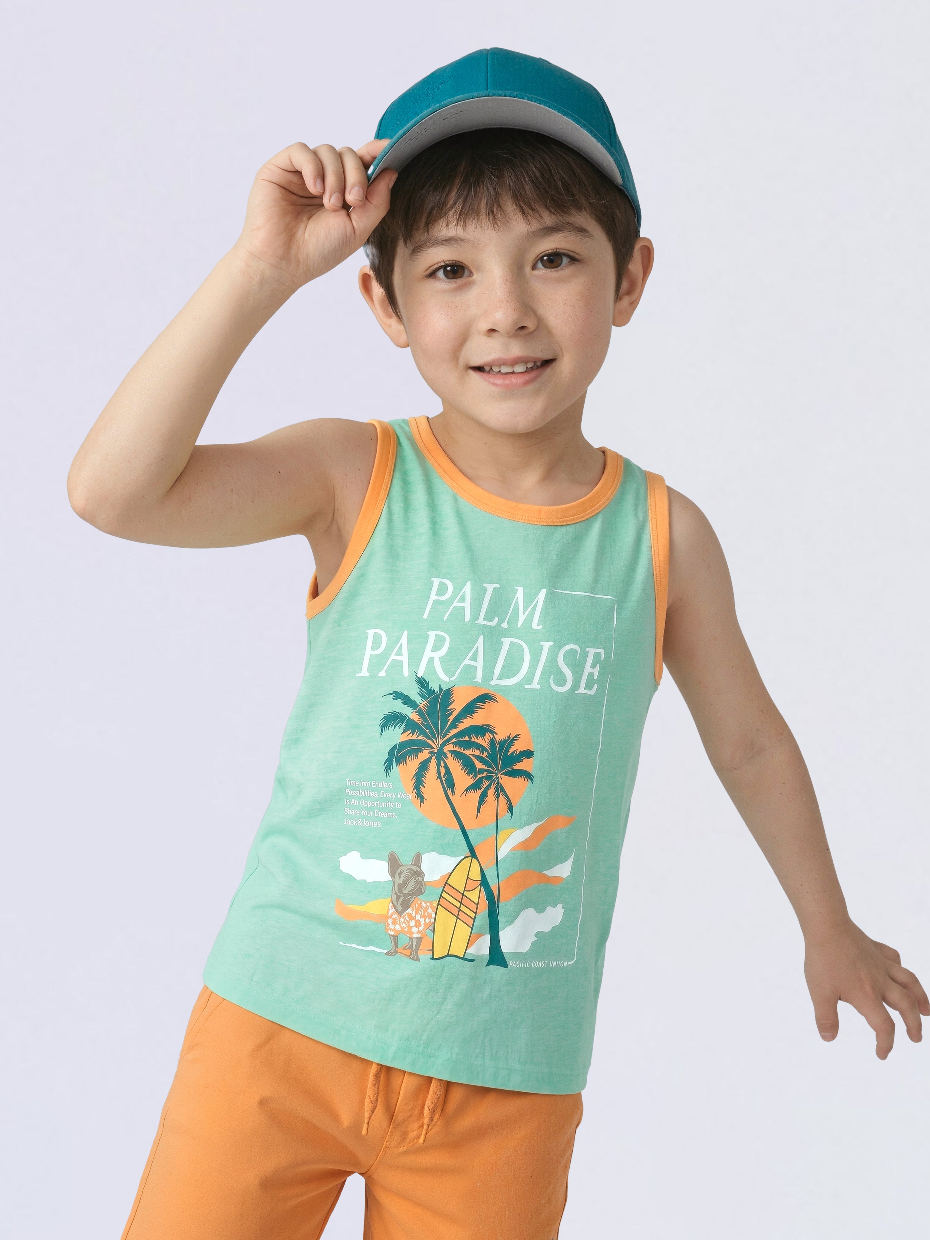 Boys Green Tropical Print Sleeveless Cotton T-Shirt
