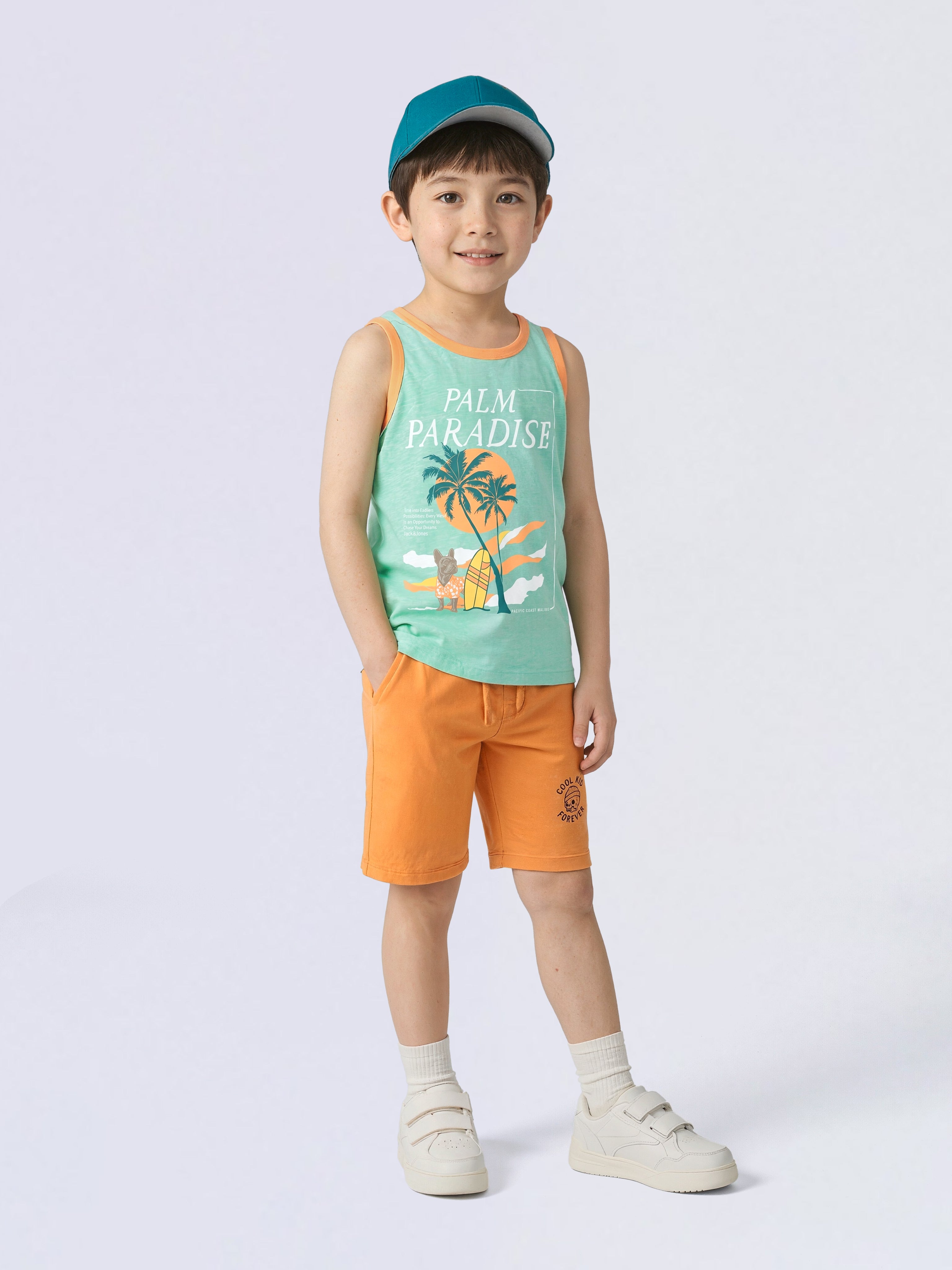 Boys Green Tropical Print Sleeveless Cotton T-Shirt