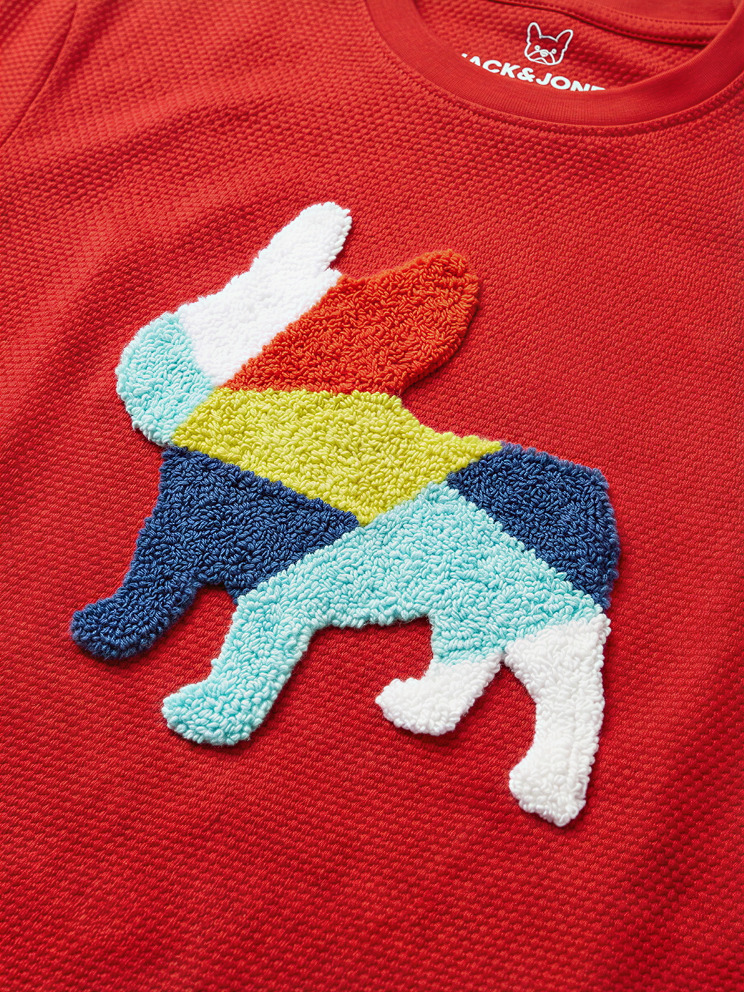 Boys Red Textured Cotton Embroidered Crew Neck T-Shirt