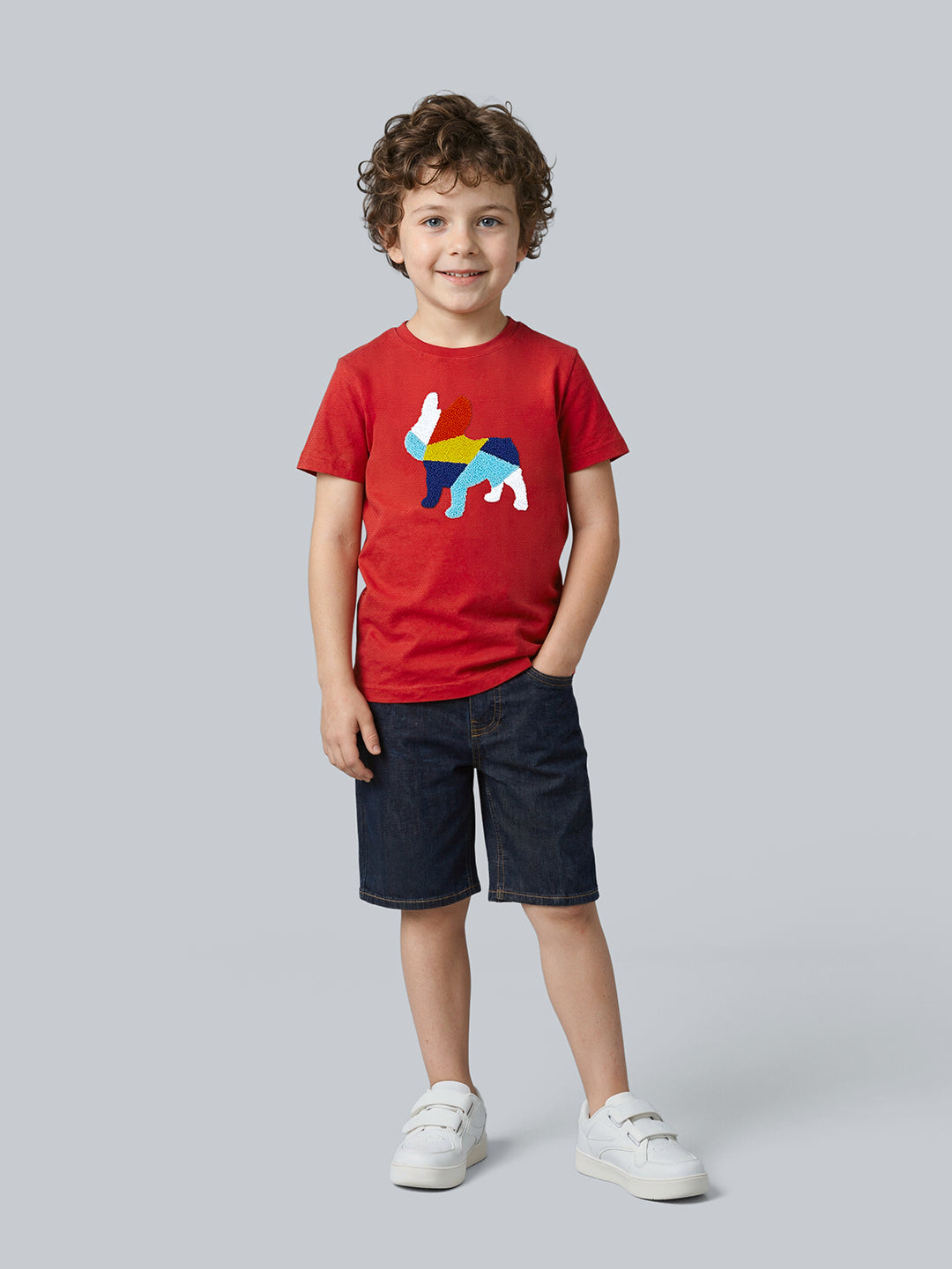 Boys Red Textured Cotton Embroidered Crew Neck T-Shirt