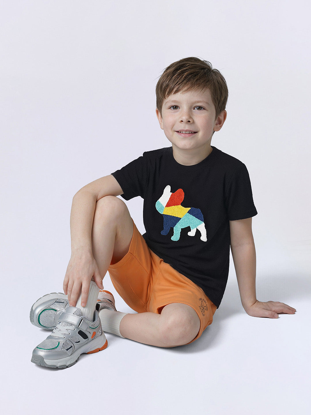 Boys Jet Black Embroidered Dog Graphic Cotton T-Shirt