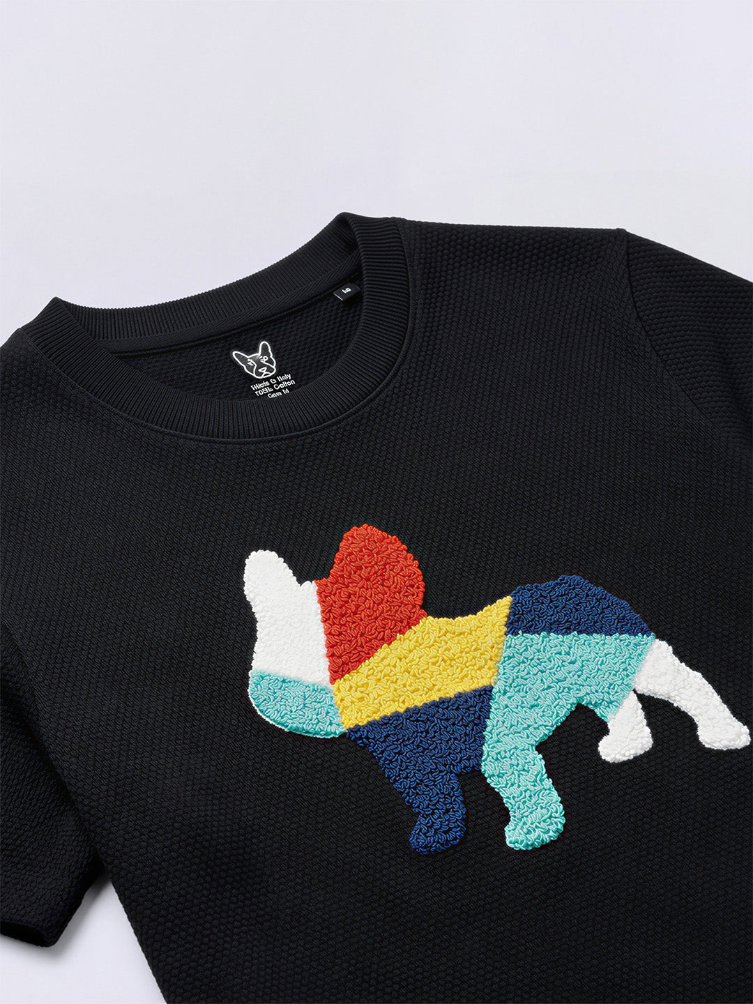Boys Jet Black Embroidered Dog Graphic Cotton T-Shirt