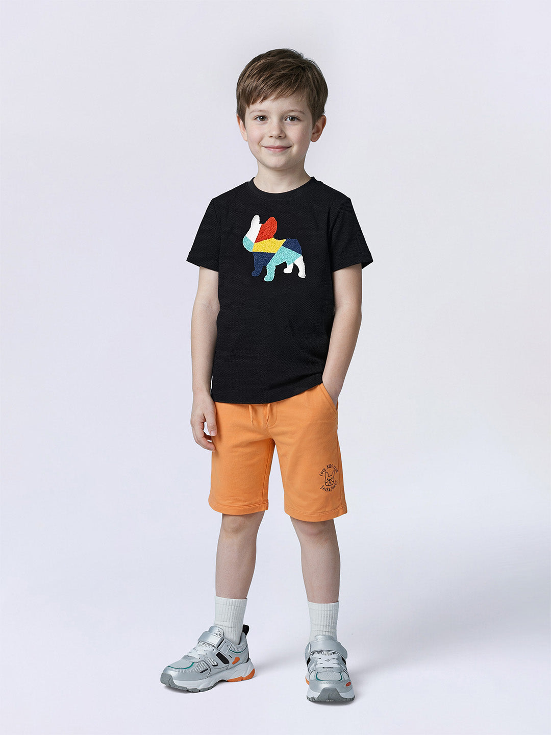 Boys Jet Black Embroidered Dog Graphic Cotton T-Shirt