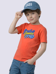 Boys Red Graphic Print Cotton Crew Neck T-Shirt