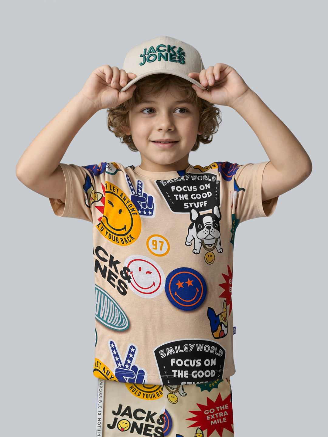Boys Cotton Smiley Print Oversized Crew Neck T-Shirt