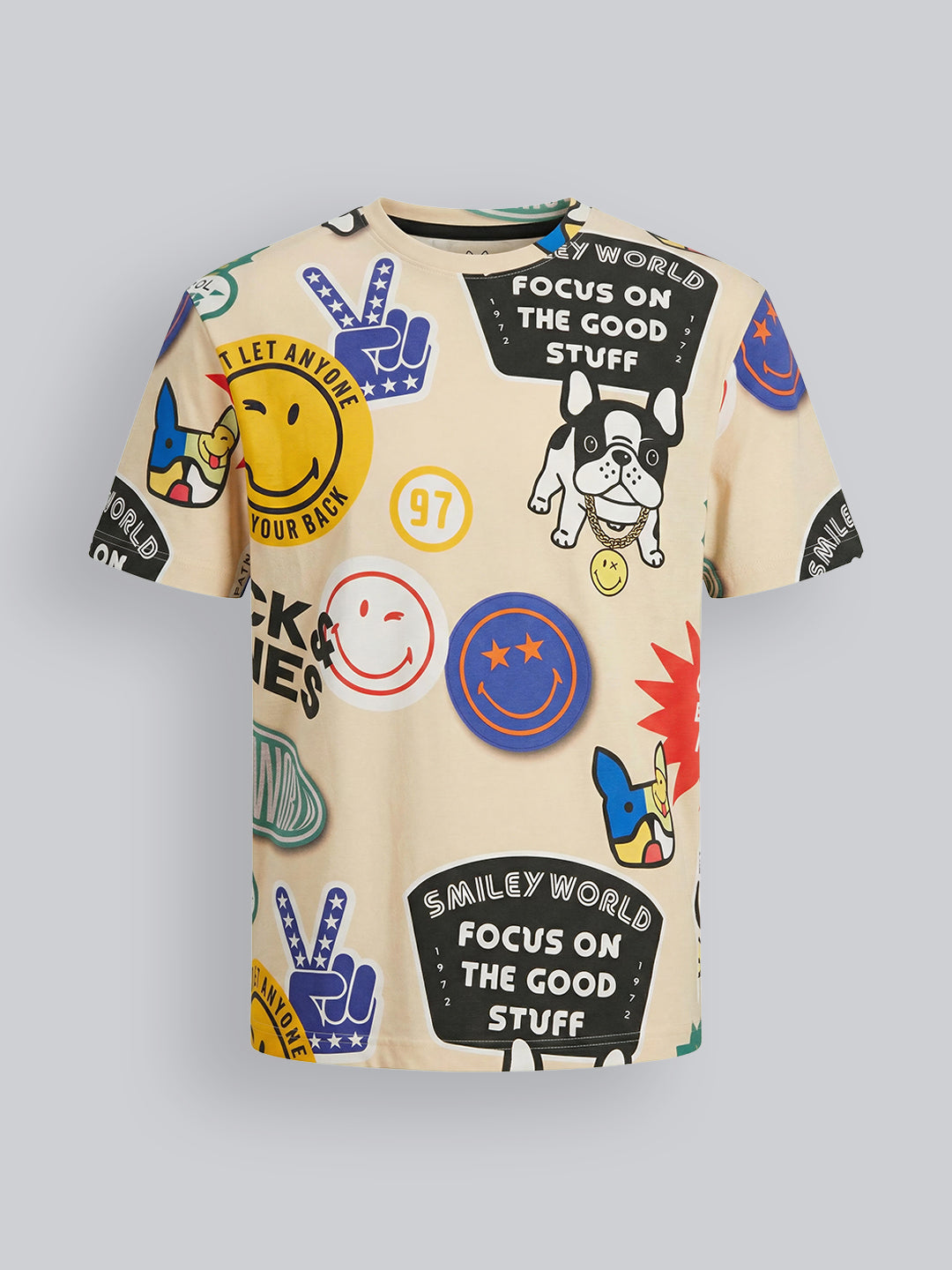 Boys Cotton Smiley Print Oversized Crew Neck T-Shirt