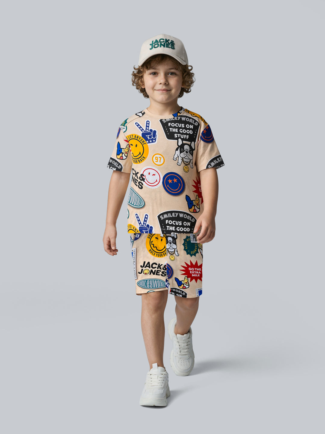 Boys Cotton Smiley Print Oversized Crew Neck T-Shirt
