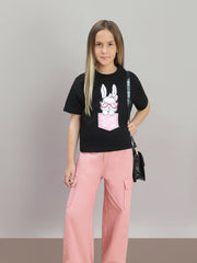 Jet Black Quirky Graphic Cotton T-Shirt with Round Neck for Girls