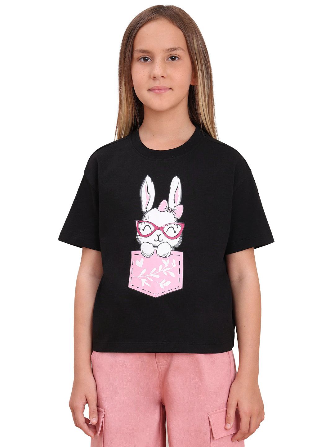 Jet Black Quirky Graphic Cotton T-Shirt with Round Neck for Girls